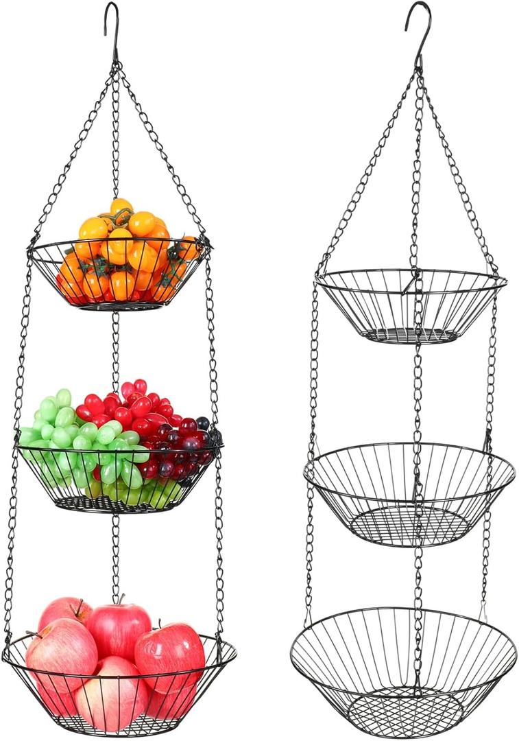 Maxdot 2 Pack 3-tier Hanging Fruit Basket with Sturdy Metal Chain Hanging Wall Fruit Basket for Kitchen Heavy Duty Wire Storage for Potatoes, Onions, Oranges, Bananas, Limes, Lemons