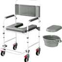 Bedside Commode with Wheels, Shower Wheelchair with 300 LBS Weight Capacity, Portable Toilet with Bucket for Elderly and Disabled (White,Gray)