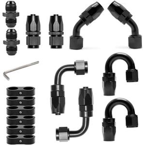 LEDAUT 8AN Swivel Fuel Hose End Fitting Kit - Straight, 45, 90, 180 Fittings & Hose Separator Clamps - Aluminum, Black