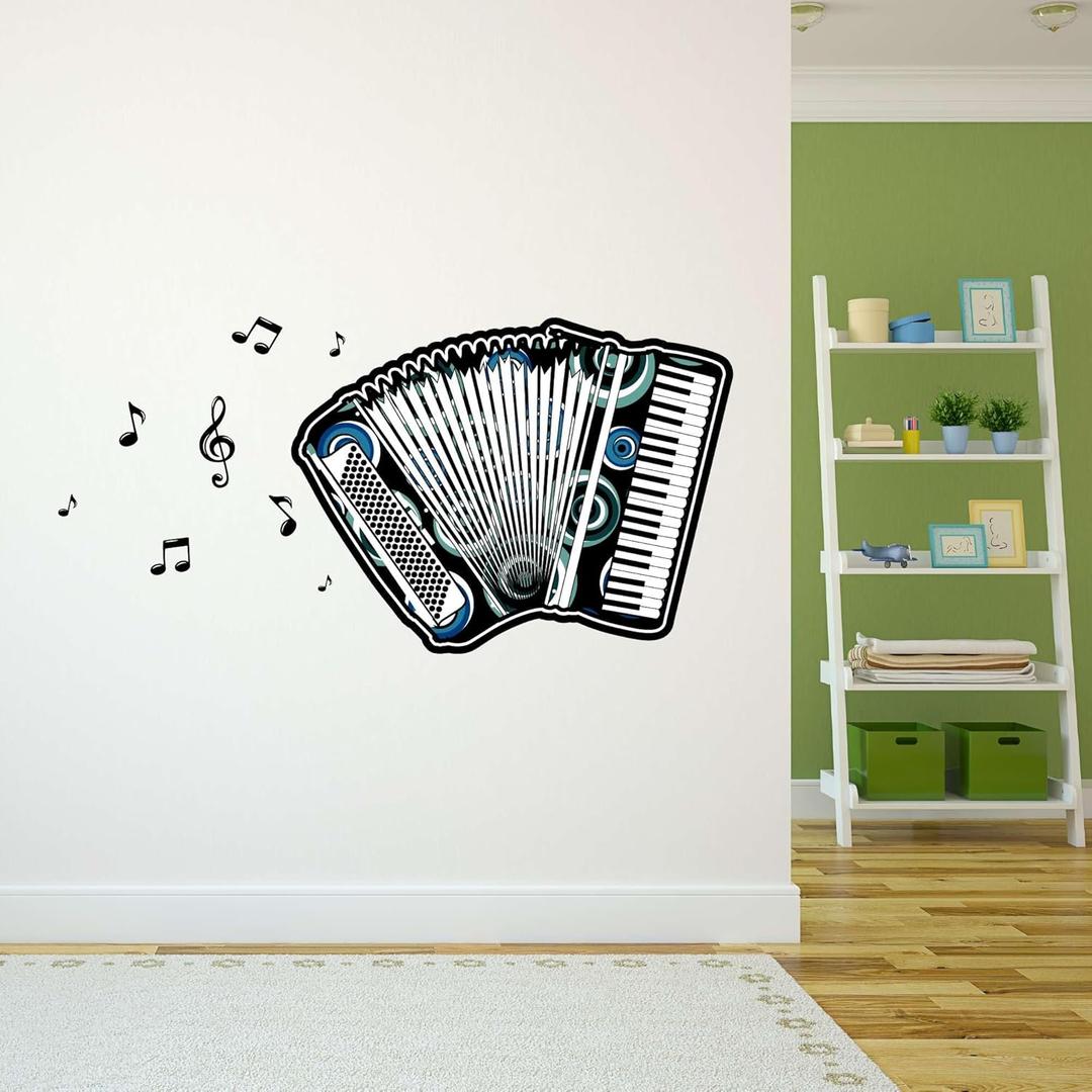 Design With Vinyl Music Wall Decal Vintage of Piano, Accordion on White Background Removable - Size: 30 in x 15 in (Multi)