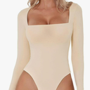 Women's Sexy Square Neck Bodysuit Long Sleeve Double Lined Shirt Tops Size XXL