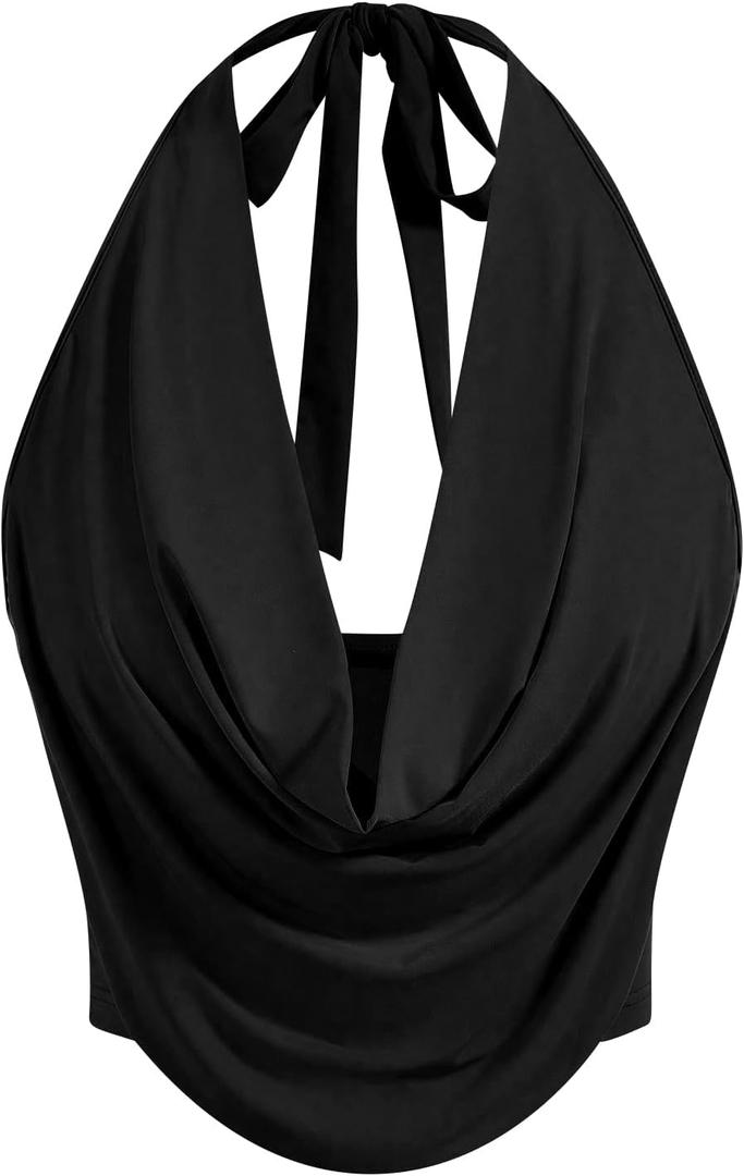 SOLY HUX Women's Halter Draped Front Tank Top Sexy Backless Going Out Crop Vest Tops (Black, L)