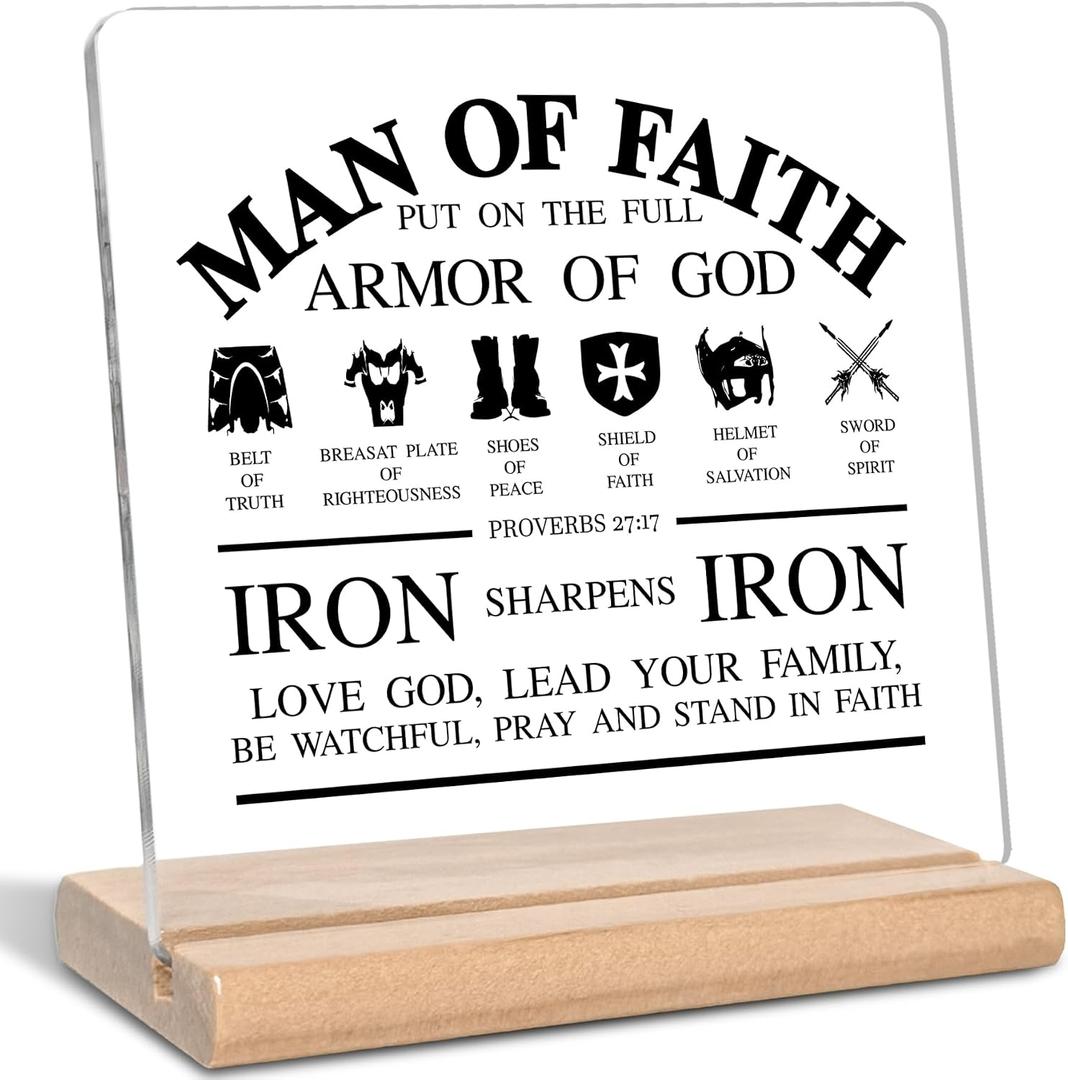 Christian Gifts for Men, Man of Faith Put on the Full Armor of God Quotes Bible Verse Acrylic Decorative Sign, Inspirational Bible Gifts for Office Home Decor