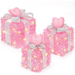 Timer & 8 Mode 3 Pack Pink Valentines Decorations Valentines Lighted Gift Boxes with Hearts Glitter Bow 60 LED Battery Operated Present Box Tree Skirt Pink Decor Room Wedding Valentines Gifts