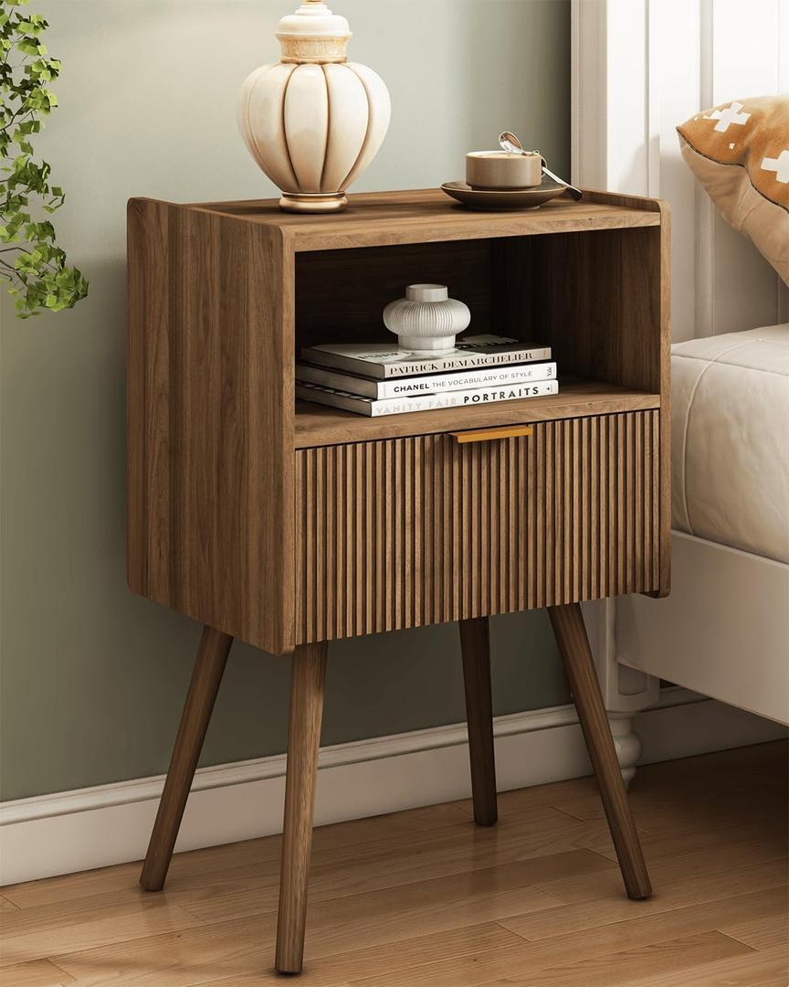 Nightstand, Modern Bedside Table with Storage Drawer and Open Wood Shelf, for Living Room, Bedroom and Small Spaces, Accent Night Stand with Solid Wood Legs, Easy Assembly, Walnut Brown