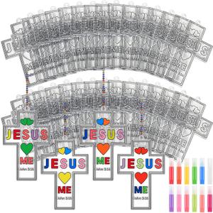 Blueweenly 72 Pcs Christian Crafts Cross Craft Kit to Paint Religious Cross Suncatchers Ornaments Bulk for Catholic Schools Week Sunday School DIY Window (Cute)