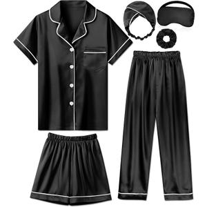 ALHAVONE Silk Pajamas for Girls Satin Pajama Kids 3 Pieces Short Sleeve Girl Button-down Pjs Shorts Pants Sleepwear (Black, 5-6 Years)