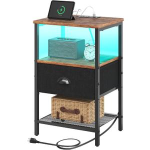 Nightstands with Charging Station, LED Bedside Tables with Charging Station and Fabric Drawer, Night Stand with Storage, 3 Tier Side Table with Open Shelf, Nightstand Bedside Table, Rustic Brown