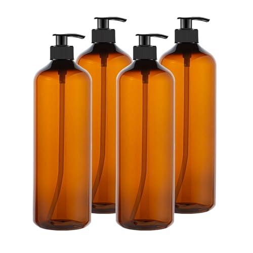 zmybcpack 3 Pack 32 OZ Empty Plastic Pump Bottles With 1 Pen, Labels & Silicone Funnel, Amber Empty Shampoo Bottles with Pumps For Body Wash, Shampoo, Massage Lotion, Gel