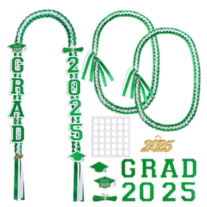 Yinkin Graduation Ribbon Leis Set Class of 2025 Handmade Double Braided Necklace Adjustable Includes Silk Leis Grad Cutouts 2025 Pendant for Graduation Party Accessories(Green, White)