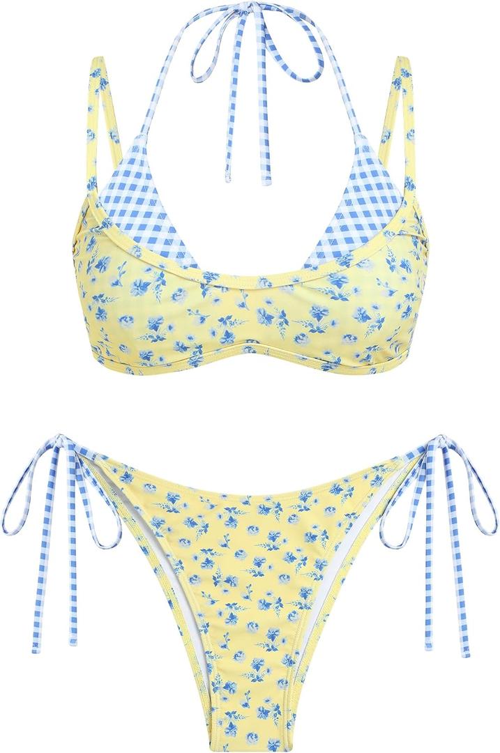 ZAFUL Women's Polka Dot Bikini Set Double Layer Halter Swimsuit Colorblock Side Tie 2 Piece Bathing Suit (Yellow, M)