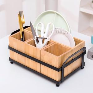Silverware Caddy Wood Utensil Holder Paper Plate Dispenser Diningware Storage Box Cutlery Flatware Organizer Box for Spoons Forks Plates Napkins