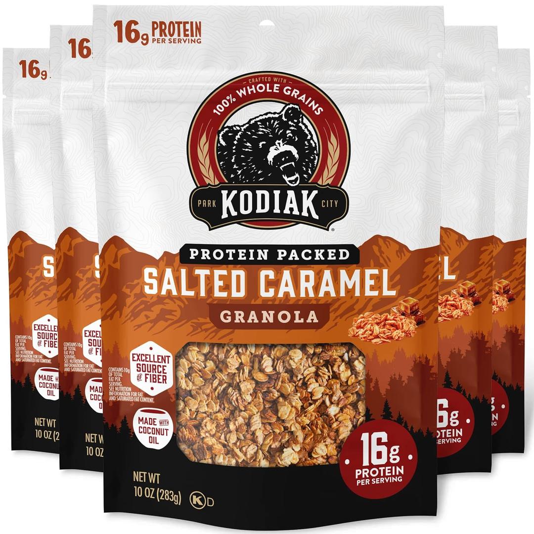 Kodiak Cakes Granola, Salted Caramel, High Protein, 100% Whole Grains (Pack of 5 pouches) (EXP 10/25/26)