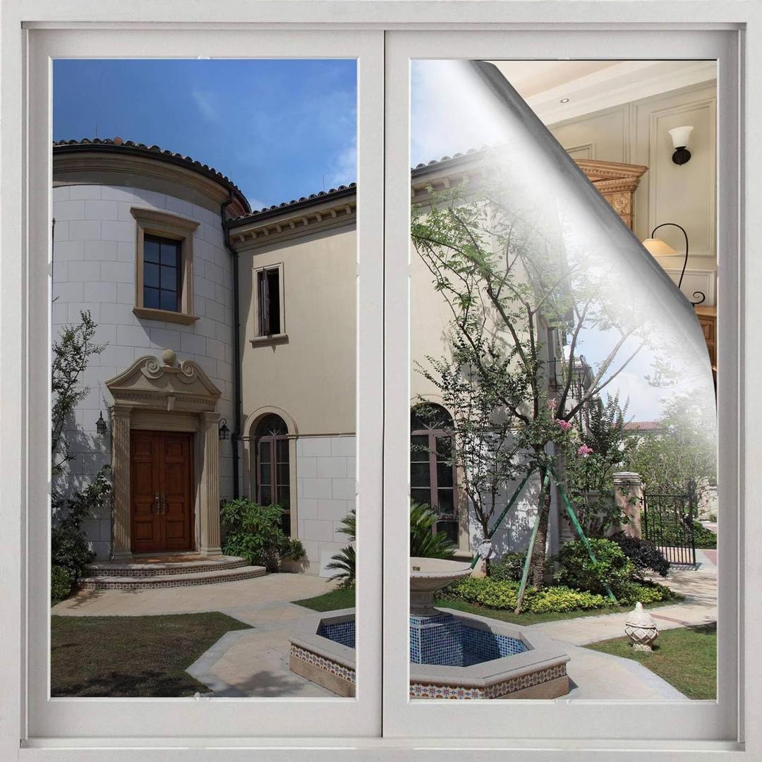 Volcanics One Way Window Privacy Film, Sun Blocking Window Tinting Film for Home Heat Control Mirror Tint Film Static Cling 35.4 x 78.3 Inches, Silver