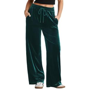 Herseas Women's Velvet Pants Drawstring Waist Wide Leg Casual Lounge Pant (X-Large, Emerald Green)