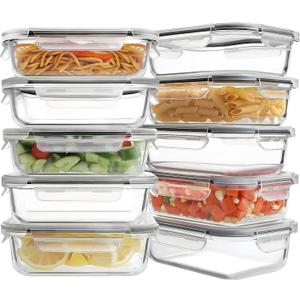 HOMBERKING 10 Pack 22oz Glass Meal Prep Containers, Food Storage Containers with Lids, Airtight Lunch Bento Boxes, BPA-Free & Leak Proof (10 lids & 10 Containers) - Grey