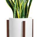 10 Inch Matte White Ceramic Flower Pot with Solid Wood Stand, Straight Cylinder Planter with Drainage Hole - Handmade Modern Minimalist Design for Indoor/Outdoor Plants, Succulents, Herbs, Home Decor