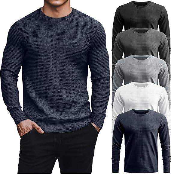 August Alley 5 Pack Thermal Waffle Shirts for Men, Crew Neck Long Sleeve Casual Pullover Underwear Textured Knit Tops (Multicolor, XL)