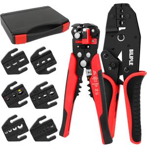 Wire Crimping Tool with Ratchet, 6 in 1 Crimping Tool Kit and Wire Stripper, Ratchet Wire Crimper with 6 PCS Interchangeable Dies for Open Barrel Terminals,Insulated and Non-Insulated Ferrules