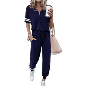 MASCOMODA 2 Piece Outfits for Women 2025 Summer Casual Quarter Zip Short Sleeve Tops Long Pants Tracksuit Jogger Lounge Sets (XX-Large, Navy)