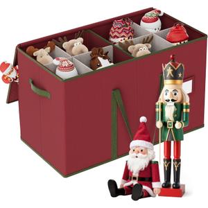 Christmas Figurine Storage Box for 15-Inch Figurines and Nutcrackers, Holiday Decor Organizer with Adjustable Dividers, 8 Slots and 2 Pockets, Dual Zippers, 600D Oxford, 24.8"x12.2"x15.2" ,Red