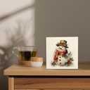Vintage Christmas Holly Berry Snowman Wooden Box Sign Desk Decor, Rustic Winter Snowman Christmas Wood Block Sign for Home Office Desk Table Shelf Wall Decorations, 5x5 Inch
