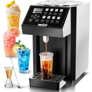 WantJoin Fructose Dispenser - Stainless Steel Automatic Syrup Dispenser with 16 Programmable Presets, Drip Tray, Measuring Cup & Mixing Stick - for Bubble Tea, Coffee, Juice Bar Commercial Use, Black