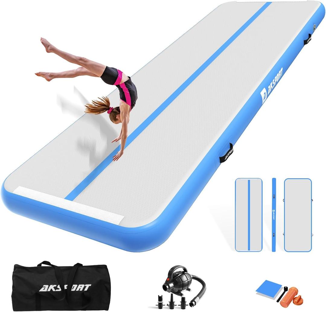 AKSPORT Inflatable Gymnatsics Mat Tumble Track 10ft 13ft 16ft 20ft 23ft Air Tumbling Mat with Air Pump for Home Use/Training/Cheerleading/Yoga
