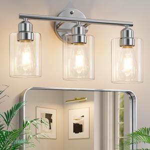3-Light Bathroom Vanity Light Fixture, Modern Wall Lamp for Mirror with Clear Glass Shade, Silver Finish