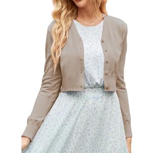 GRACE KARIN Women's Open Front Knit Cropped Bolero Shrug Cardigan Sweater Long Sleeve (S-4XL) (Medium, Khaki)