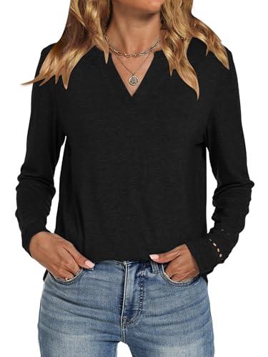 MK Shop Limited Womens Long Sleeve Shirts Casual Notch V Neck Layer Basic Tees Cute T-Shirt Dressy Tunic Tops Spring Fall Fashion Outfits 2026 Black, L