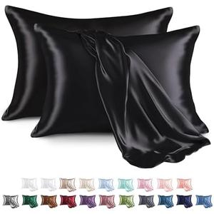 MR&HM Satin Pillowcase for Hair and Skin, Silk Satin Pillowcase 2 Pack, King Size Pillow Cases Set of 2, Silky Pillow Cover with Envelope Closure (20x36, Black)