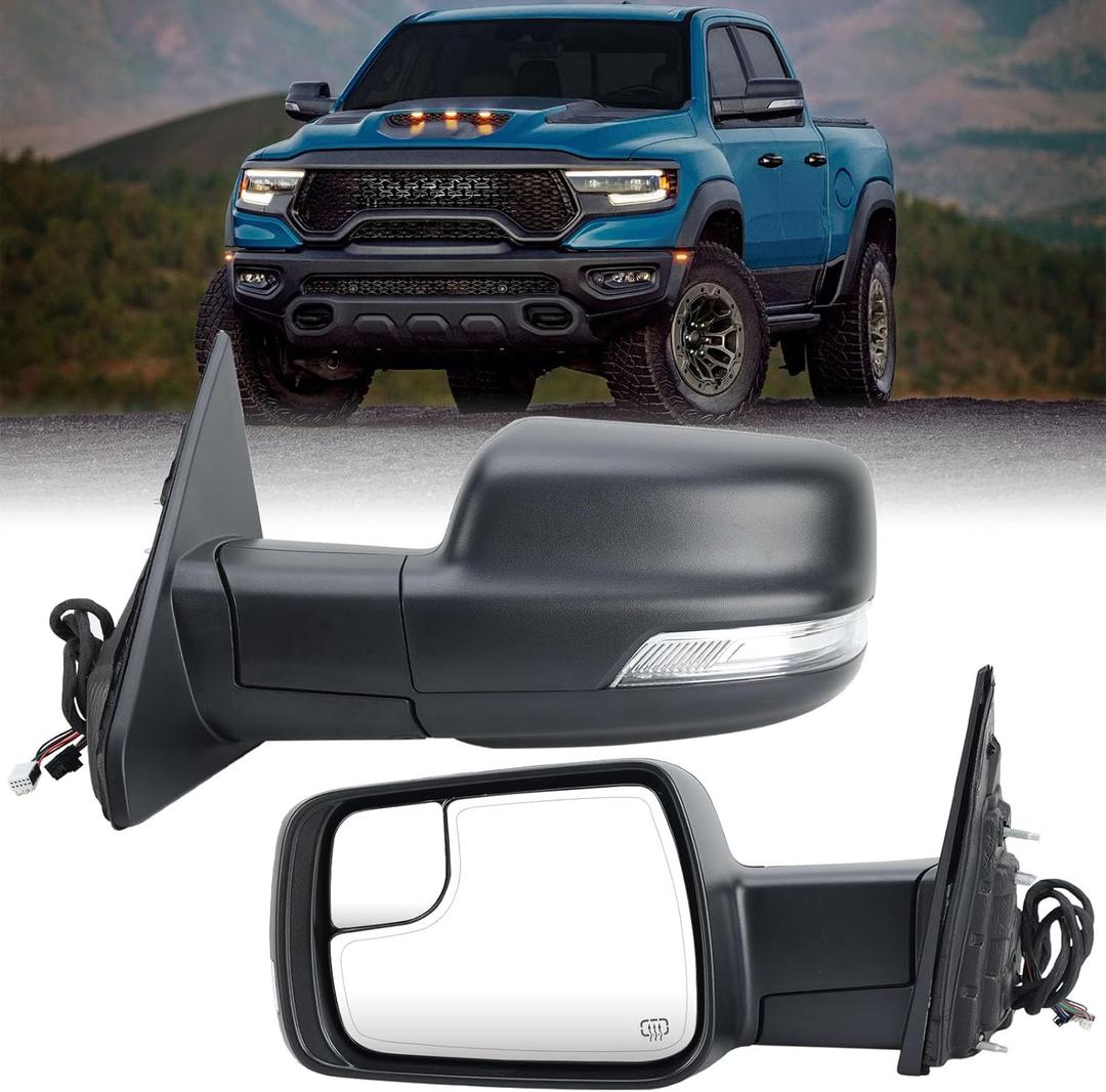 Left Driver Side Mirror Compatible with Ram 1500 2019-2025 Power Folding/Temperature Sensor/Heated/with Turn Signal/Puddle Light/Power Glass Texture Black (14 pins)