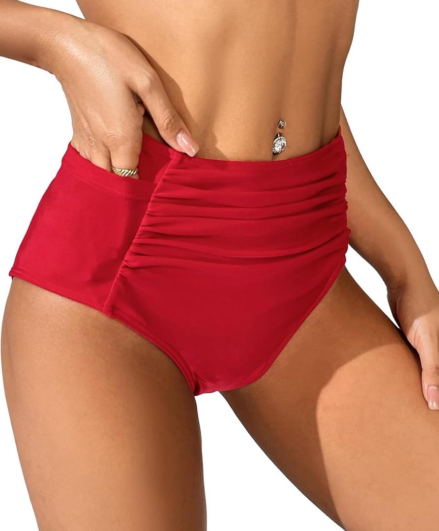 SherryDC Women's High Waisted Swimsuit Bottom Ruched Tummy Control Bikini Swim Bottom Tankini Briefs with Two Pockets XL