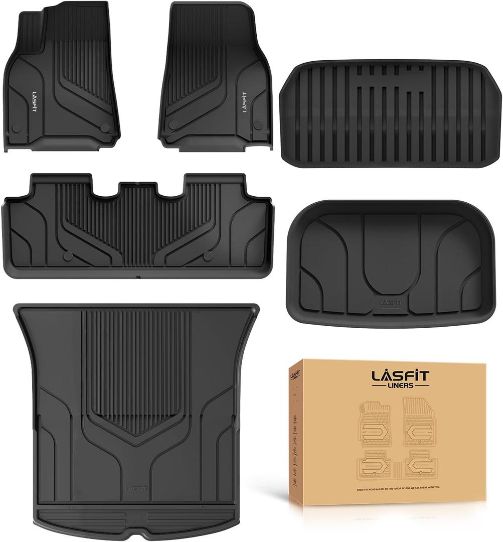 LASFIT 6PC Premium Extra Thick Floor Mats for Tesla Model Y 2025 2024 2023-2020 5 Seater | Custom Fit TPE All Weather | Model Y Accessories 1st & 2nd Row & Cargo Trunk Mats Full Set, Black