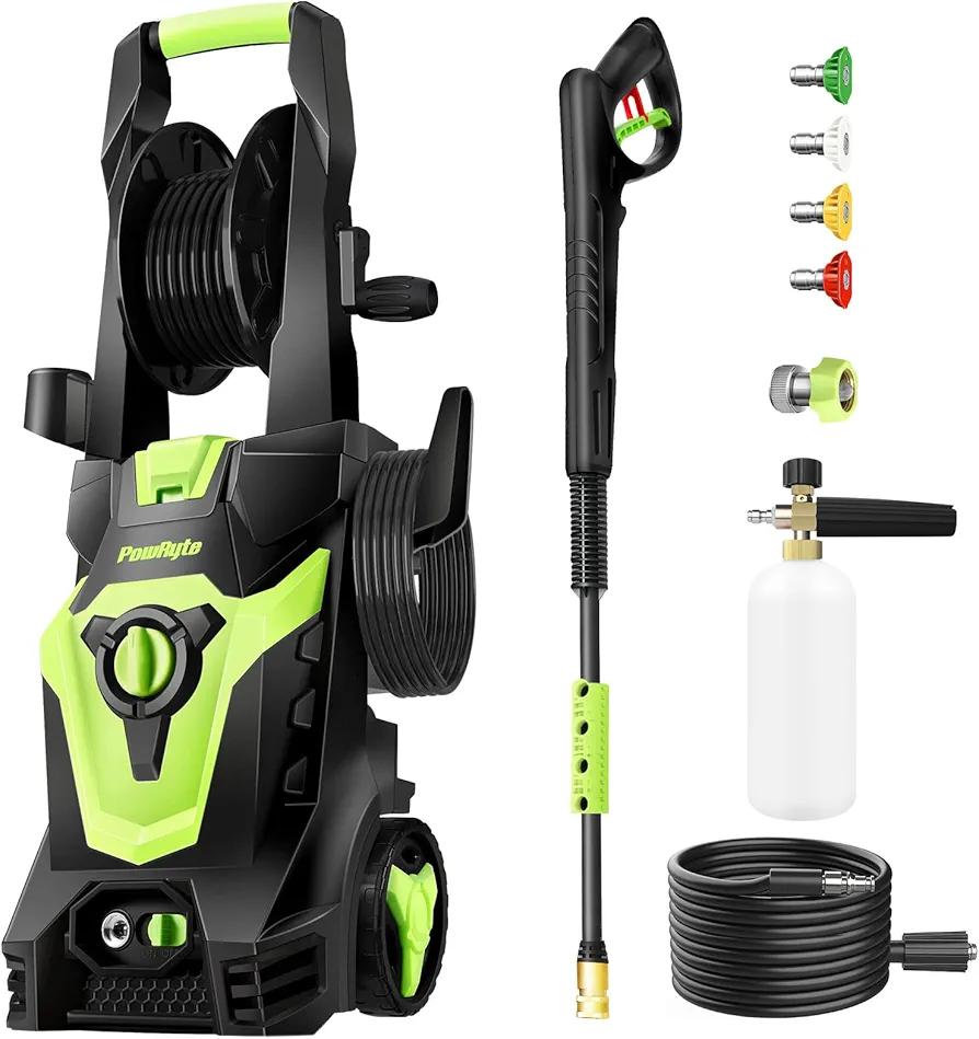 PowRyte Electric Pressure Washer with Hose Reel, Brass Foam Cannon, 4 Different Pressure Tips, Power Washer, 4200 PSI 2.6 GPM