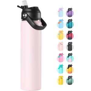 Fijinhom 24oz Insulated Stainless Steel Water Bottle, Wide Mouth Double Wall Vacuum, Silicone Straw, Sweat & Leak Proof, BPA Free Insulated Water Flask for Travel, Keep Cold 24h Hot 12h, Light Pink