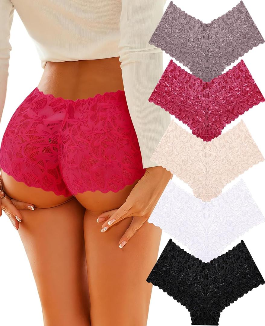 ALL OF SHE Sexy Underwear Panties for Women Cheeky V Waist Lace Boyshorts Lingerie Plus Size Underwear Gift Wife Women 5 Pack (XX-Large, 5 Pack-black*1 Wine Red*1 White*1 Silk Nude*1 Khaki*1)