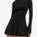 Women's Sweater Dress Crochet Ribbed Knit Ruffle Hem Flared Long Sleeve Mock Neck Mini Dress, L