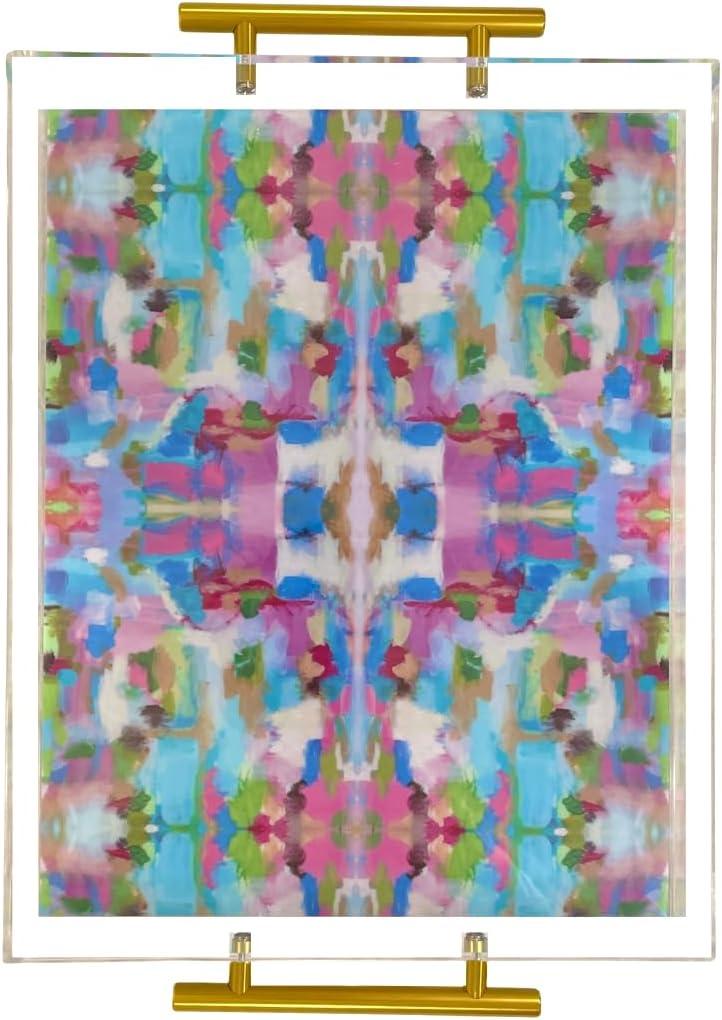 Acrylic Serving Tray with Gold Handles - 11"x14" Decorative Clear Tray, Pink and Blue Multicolor - Vanity, Cofee Table, Bar Cart, or Bathroom Organizer