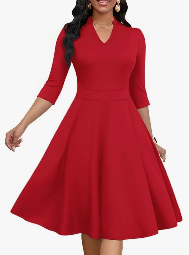 Church Dress for Women V Neck 3/4 Sleeve Midi Causal Cocktail Party A-Line Dresses with Pockets, Large, Red