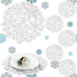 Yingzhao 6 Pcs White Christmas Snowflake Placemats Embroidered Table Placemats Washable Round Snow Flake Table Mats for Xmas Party Winter Holiday Wedding Dinner Decoration