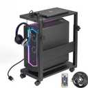 Computer Tower Stand with LED Light Strip,Mobile Rolling CPU Holder,Height Adjustable PC Tower Stand with Charging Station for Office Home (Black)