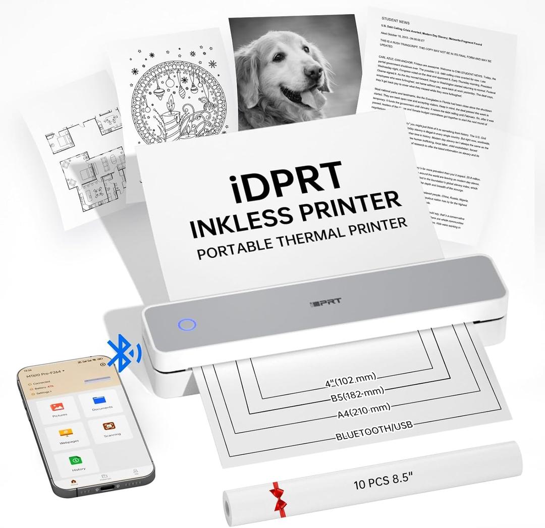 iDPRT Portable Thermal Printers Small Compact Inkless Wireless Printer for Home, Office & Vehicles, 300DPI, Support 8.5" x 11" Length US Letter A4&A5 Size, for Smartphone, PC, Black White Printing (Grey)