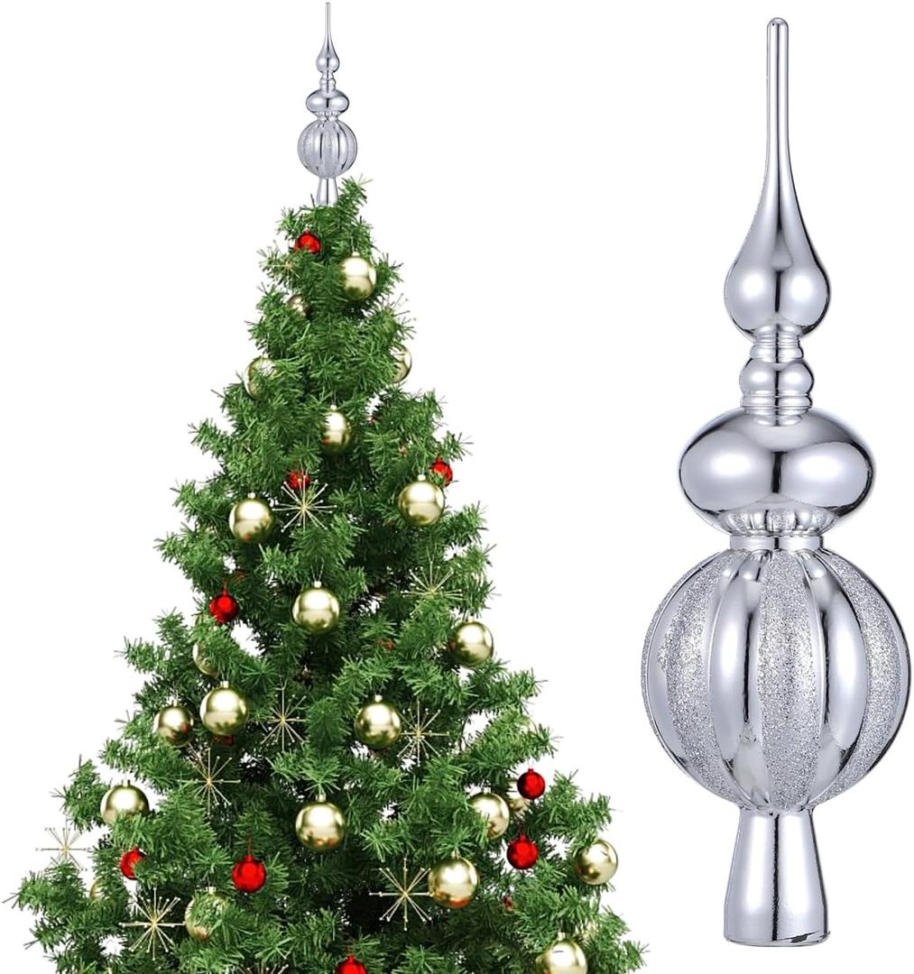 NOLITOY Spherical Christmas Tree Topper Ornaments, 9 Inch Plastic Glitter Finals Tree Topper Decorative Ornament Holiday Indoor Suitable for Home Party Decoration, Silver
