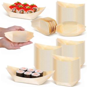 300 Pcs 5.5 x 3.1 Inch Disposable Bamboo Plates Wooden Sushi Boat Serving Tray Appetizer Dishes and Bamboo Bowls for Catering Party Home Use, Small