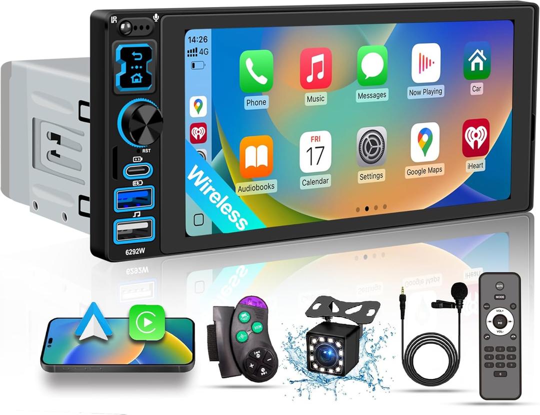 Single DIN Car Stereo Radio with Wireless Apple CarPlay & Android Auto, 6.8" IPS 1280x600 Touchscreen, Car Bluetooth 5.2, FM Radio, Backup Camera, Dual USB, EQ Audio, 180W Subwoofer Car Audio Receiver