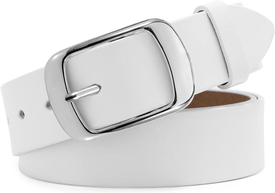WHIPPY Women Leather Belts for Jeans Pants Fashion Dress Belt for Women with Solid Pin Buckle (M: Fit for Waist Size 30"-35", 2-white)