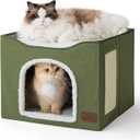 Bedsure Cat Beds for Indoor Cats - Large Cat Cave for Pet Cat House with Fluffy Ball Hanging and Scratch Pad, Foldable Cat Hideaway, 16.5x16.5x13 inches,  Loden Green