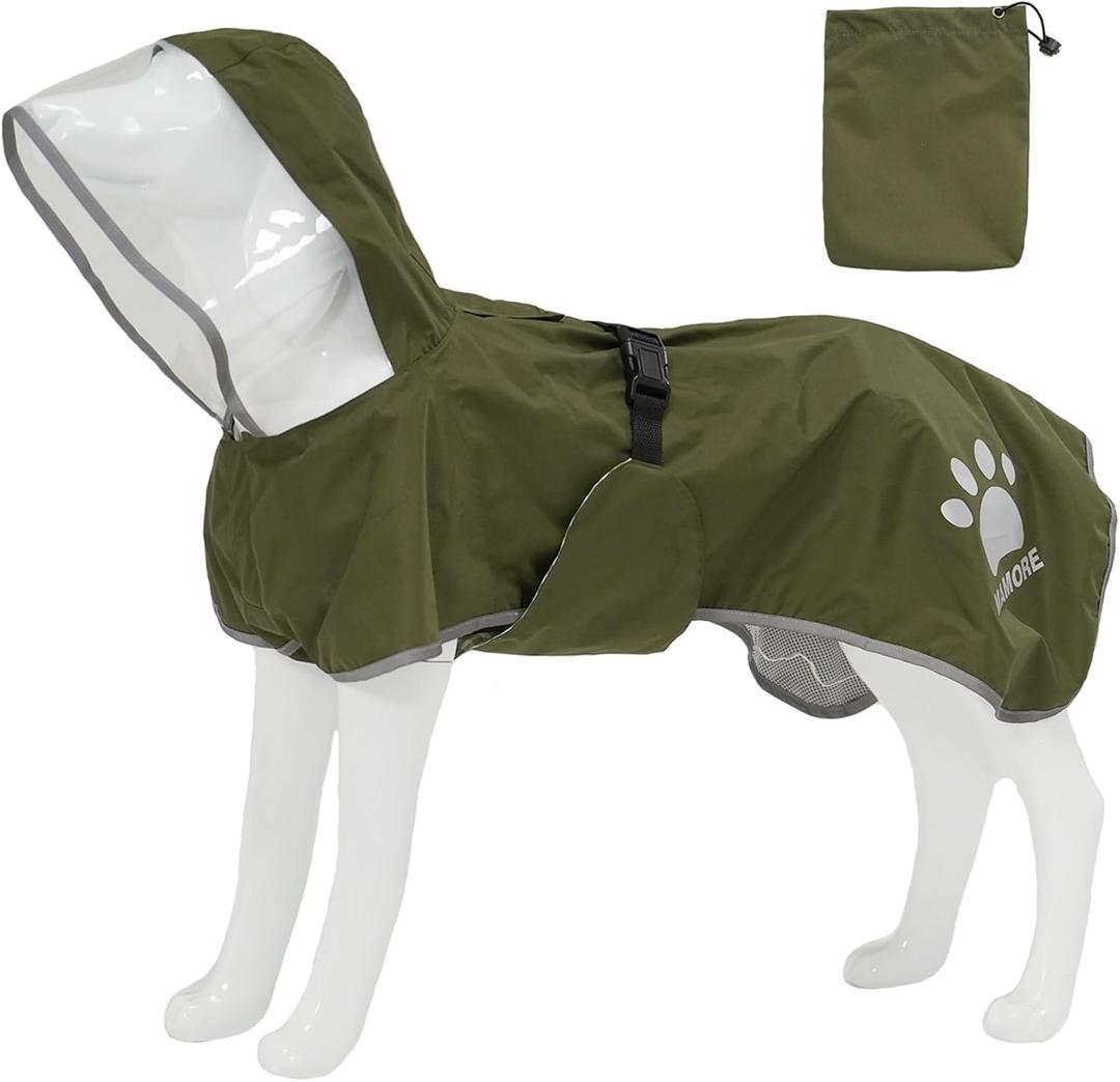MAMORE Dog Raincoat Hooded Rain Jacket for Small Medium Large Dogs Slicker Poncho Bottom Waterproof Adjustable Reflective Breathable Leash Hole (Army Green, X-Large)